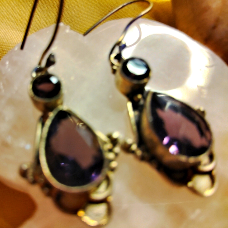 Elegant Duo Amethyst Teardrop, Sterling Earrings. Pierced.